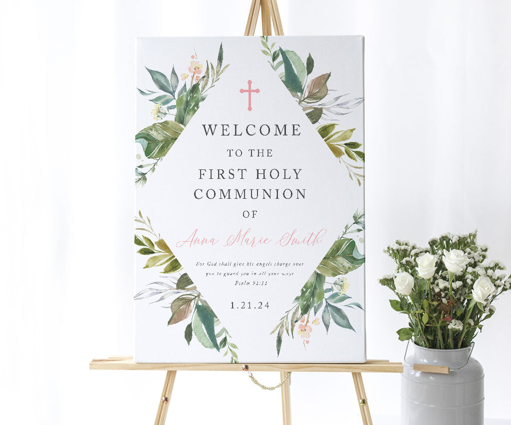 Botanical greenery first communion welcome sign on easel.