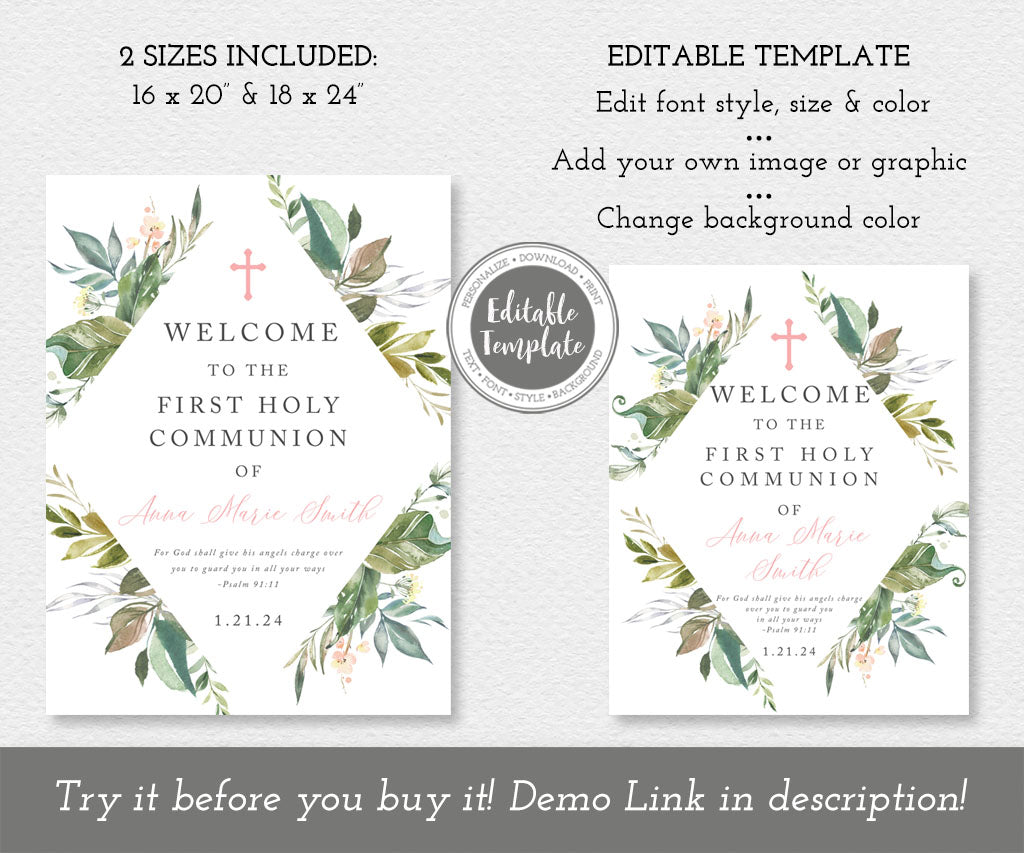 Botanical greenery first communion welcome sign templates.