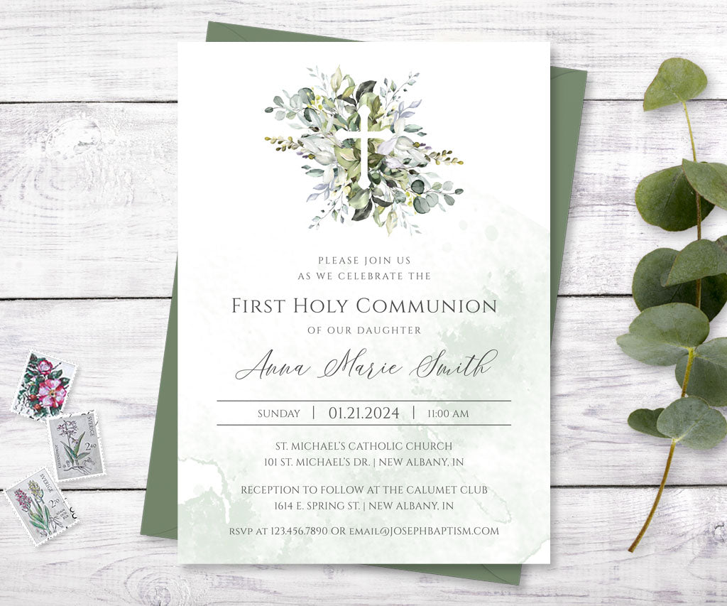 Gender neutral greenery first holy communion invitation.
