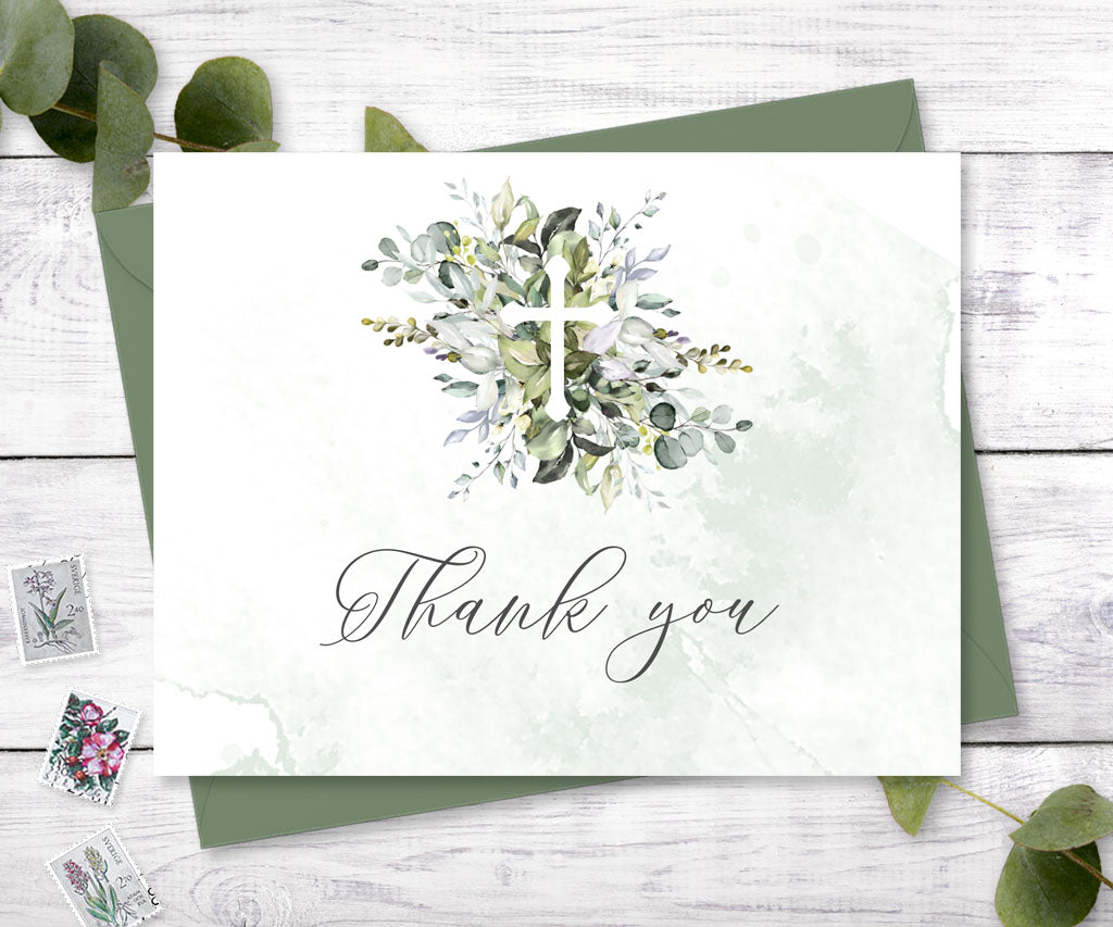 Greenery folded baptism or first communion thank you card.