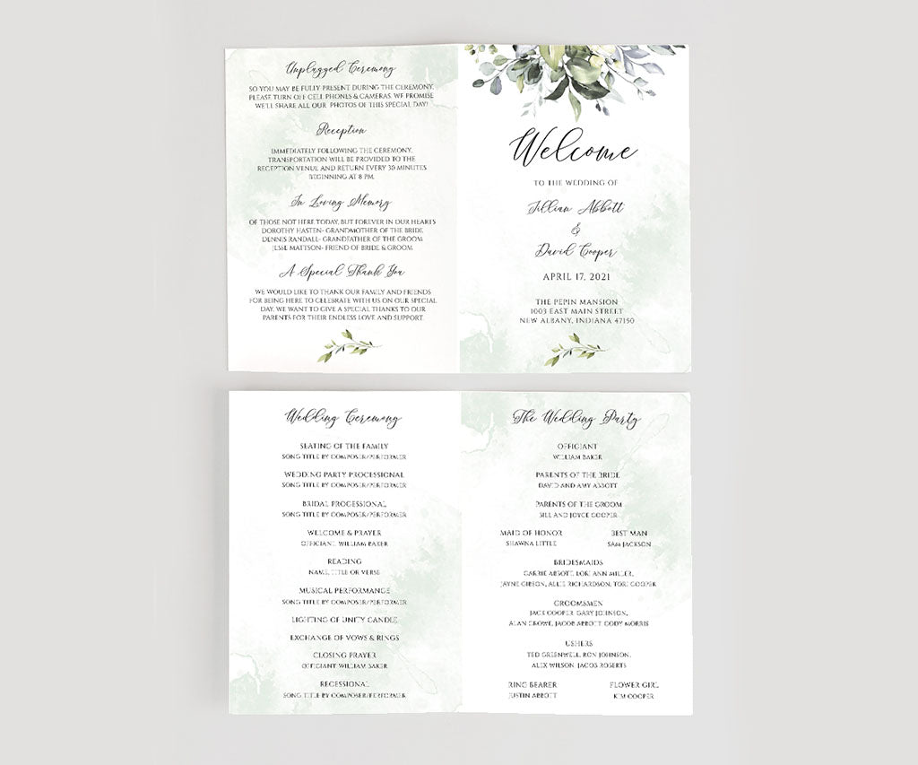 Greenery 5 x 7" folded program front and back.