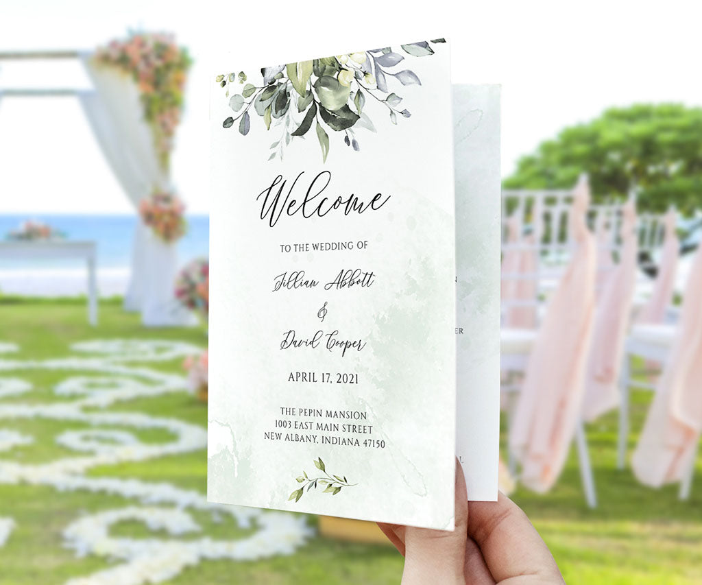 Greenery 5 x 7" folded wedding program.