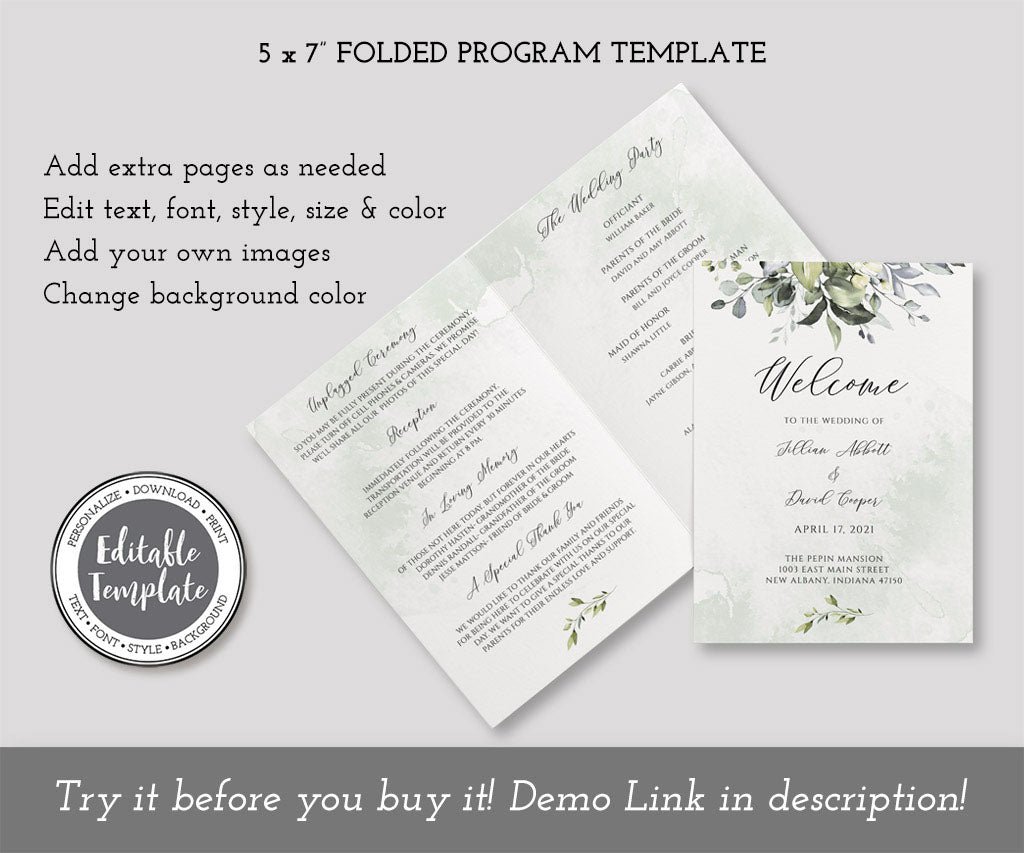 Greenery 5 x 7" folded wedding program booklet template.