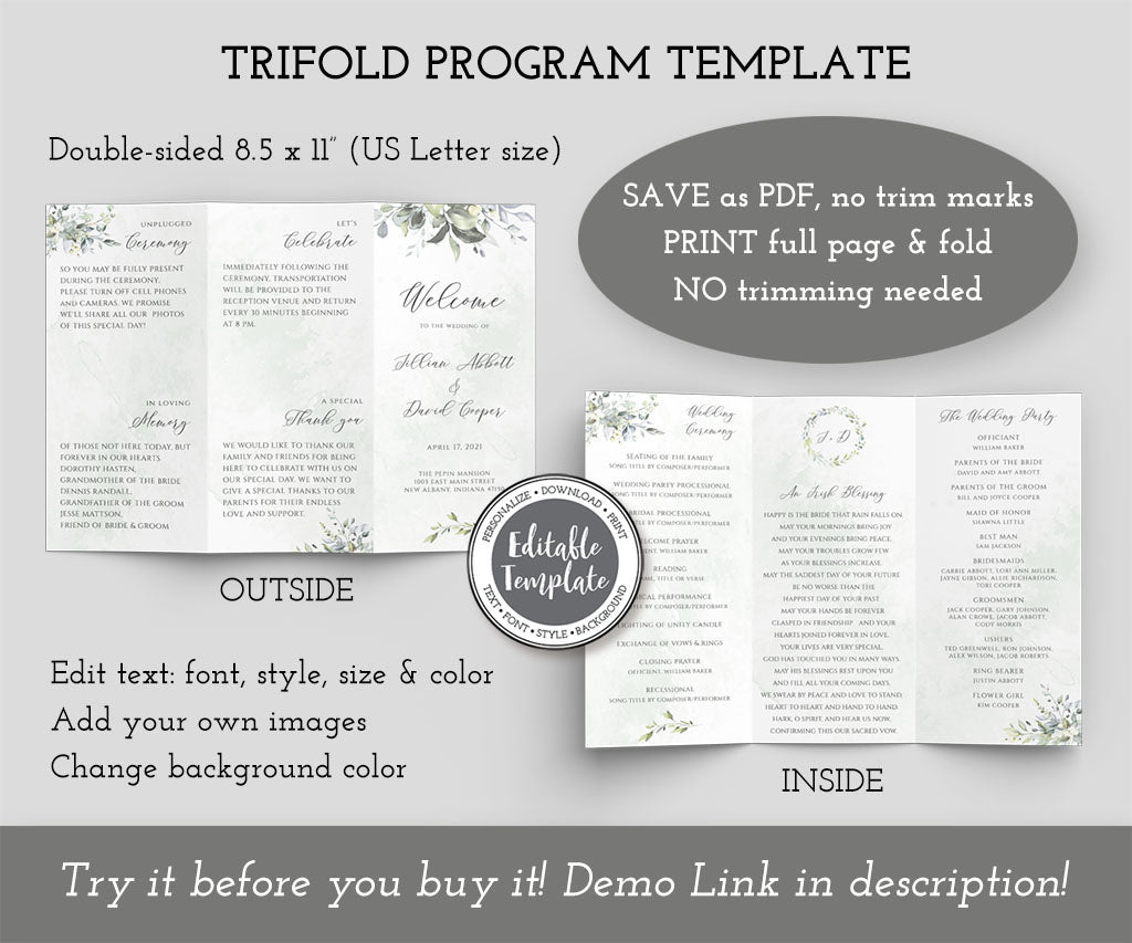 Greenery trifold wedding program template front and back.
