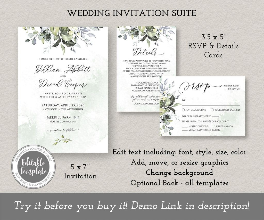 Greenery wedding invitation, rsvp card, details card editable templates.