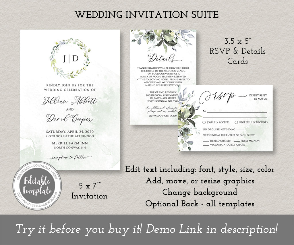 Greenery wedding invitation suite including rsvp and details cards, editable templates.