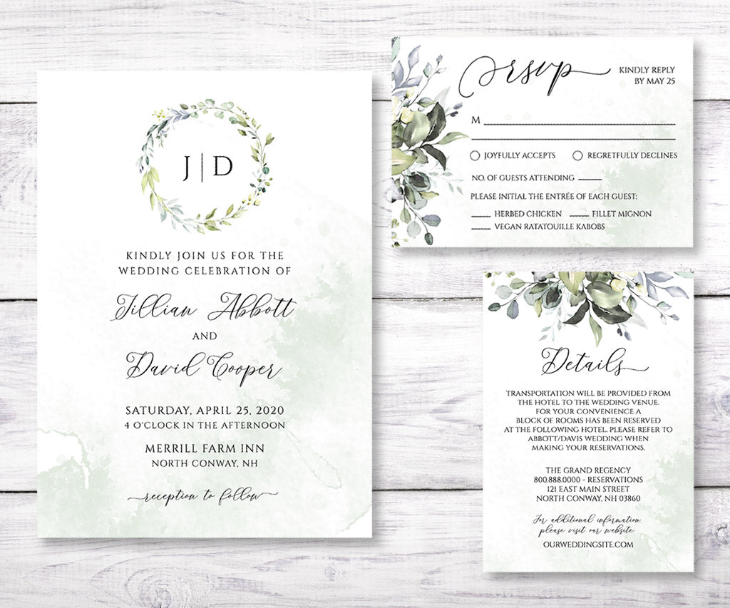 Greenery wedding invitation suite including rsvp and details cards.