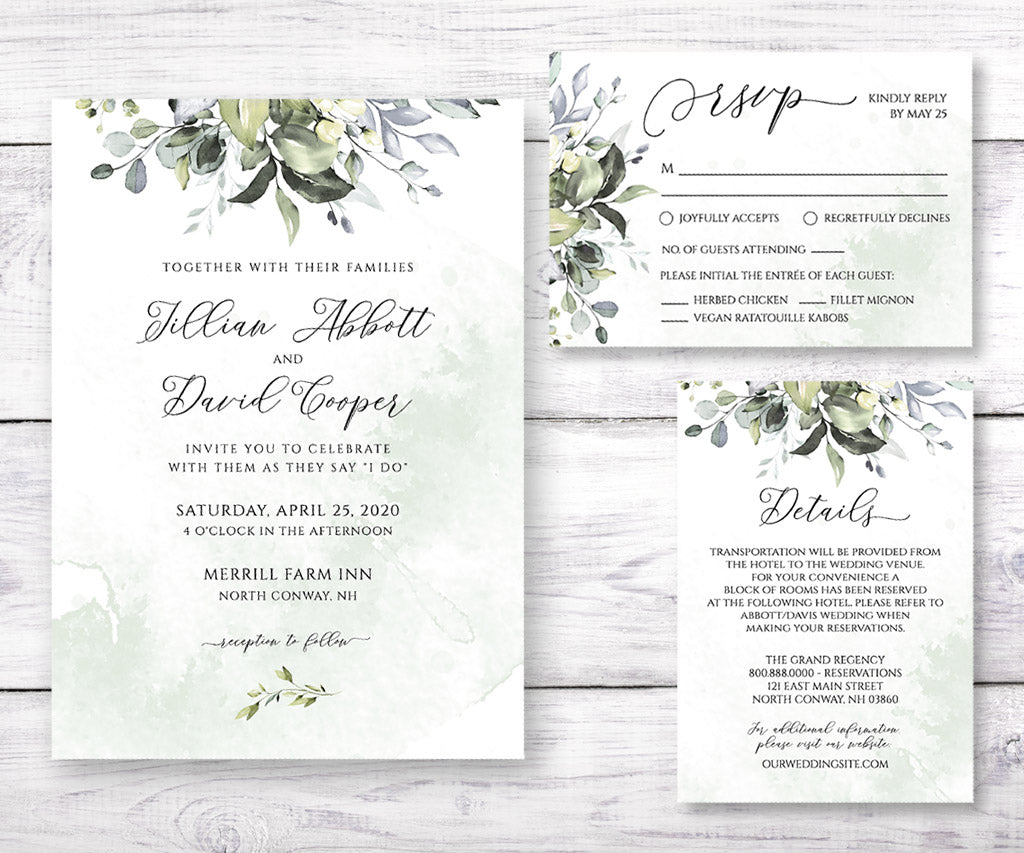 Greenery wedding invitation, rsvp card, details card.