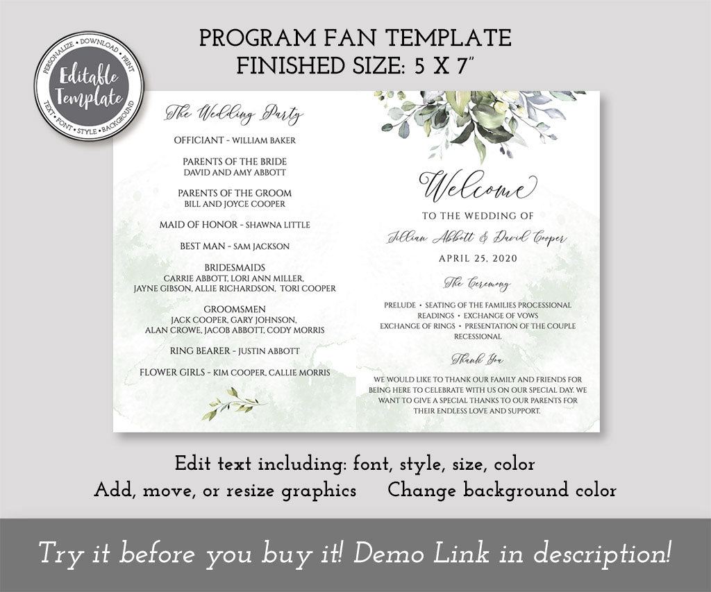 Greenery wedding program fan editable template.