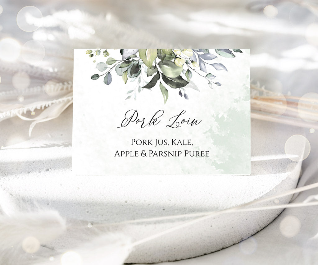 Greenery wedding or shower buffet tent cards.