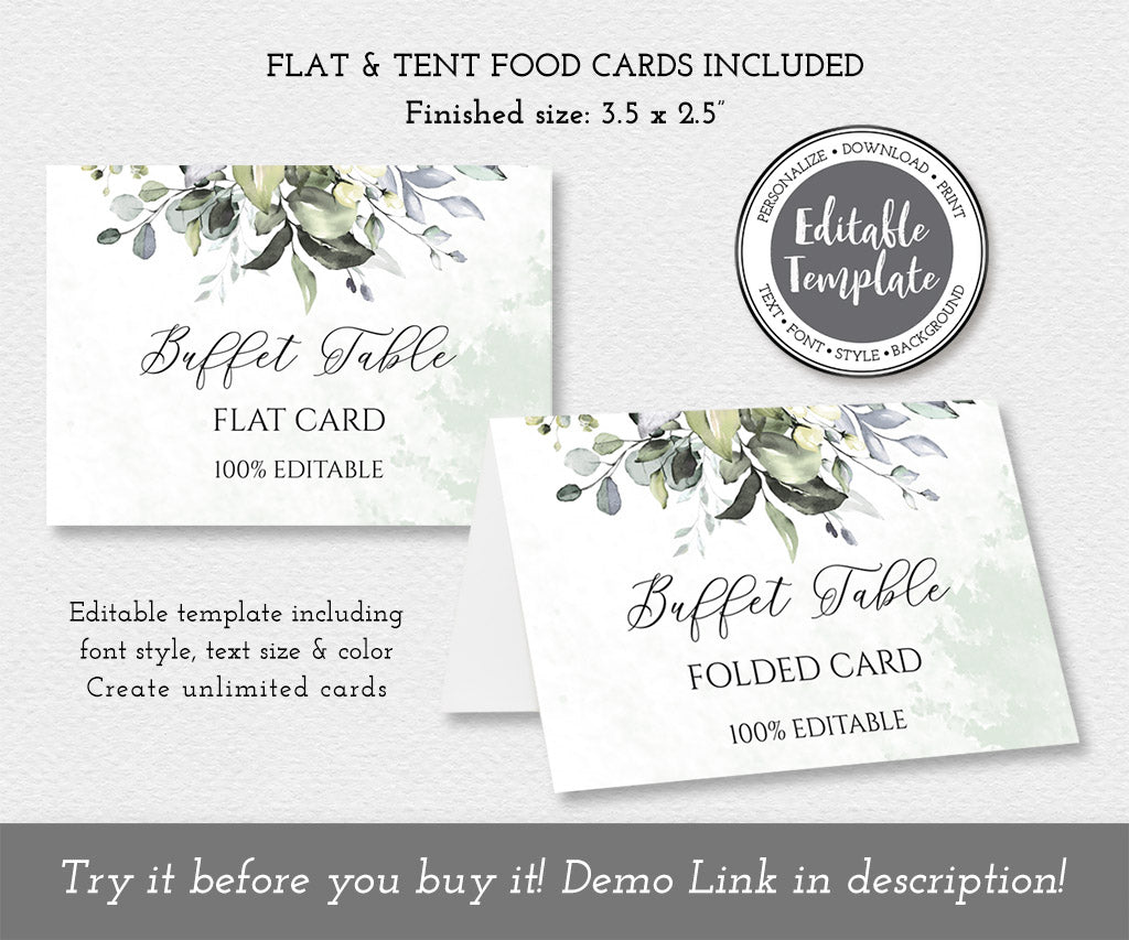 Greenery wedding or shower flat and folded buffet food card templates.