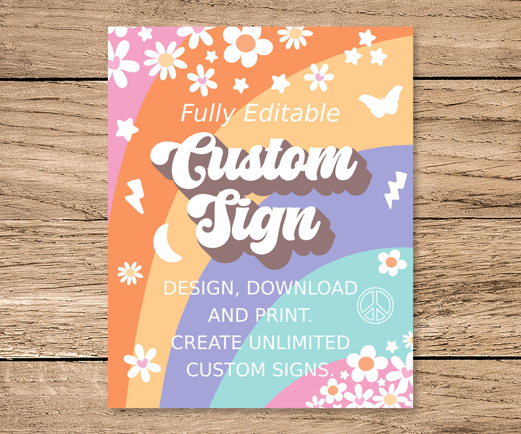 Groovy stripes birthday party 8 x 10 portrait custom sign with colorful stripes, happy flowers, and retro icons.