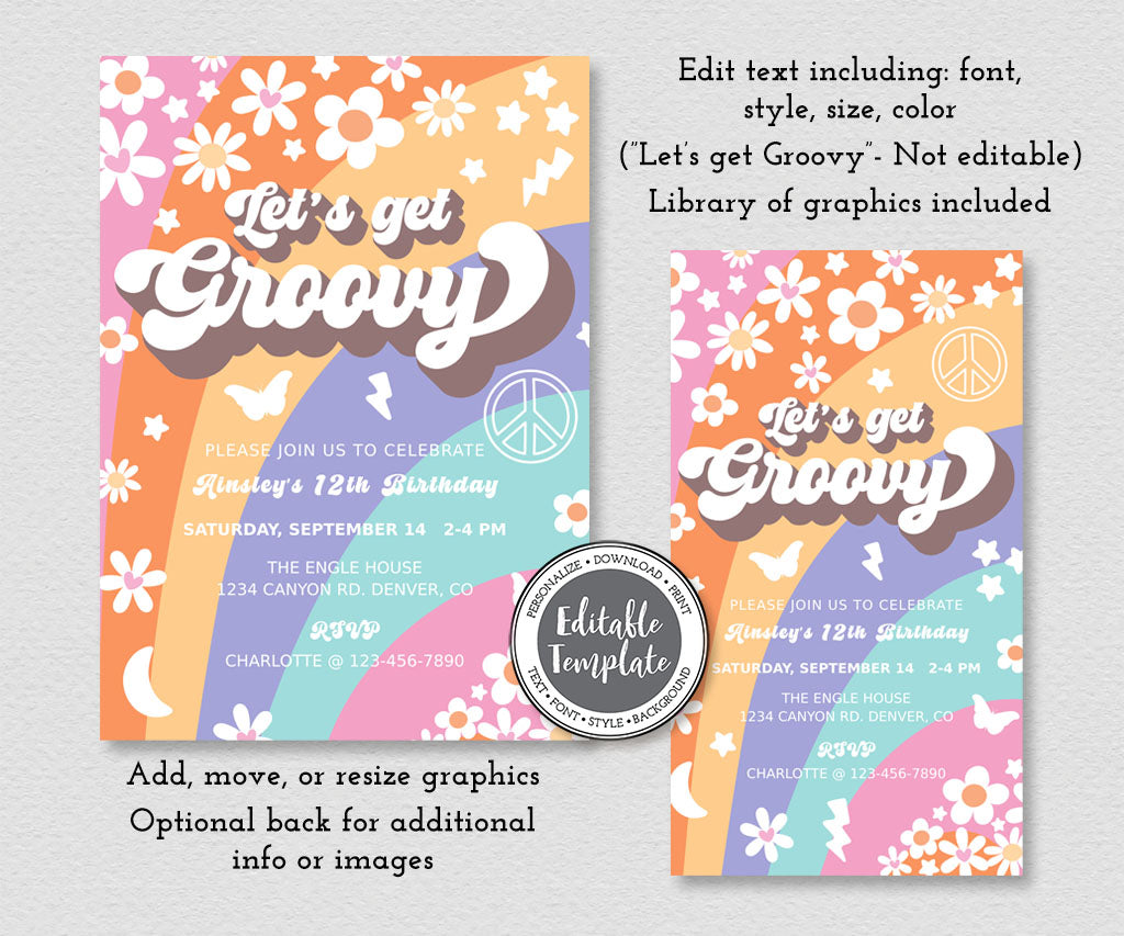 Retro lets get groovy invitation and evite editable templates with colorful stripes, flowers and 70's icons.