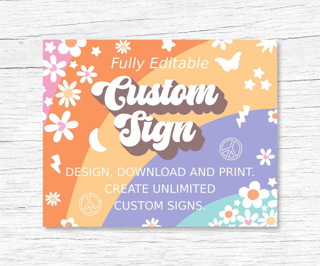 Groovy stripes birthday party 10 x 8" landscape custom sign with colorful stripes, happy flowers, and retro icons with a hippie vibe.