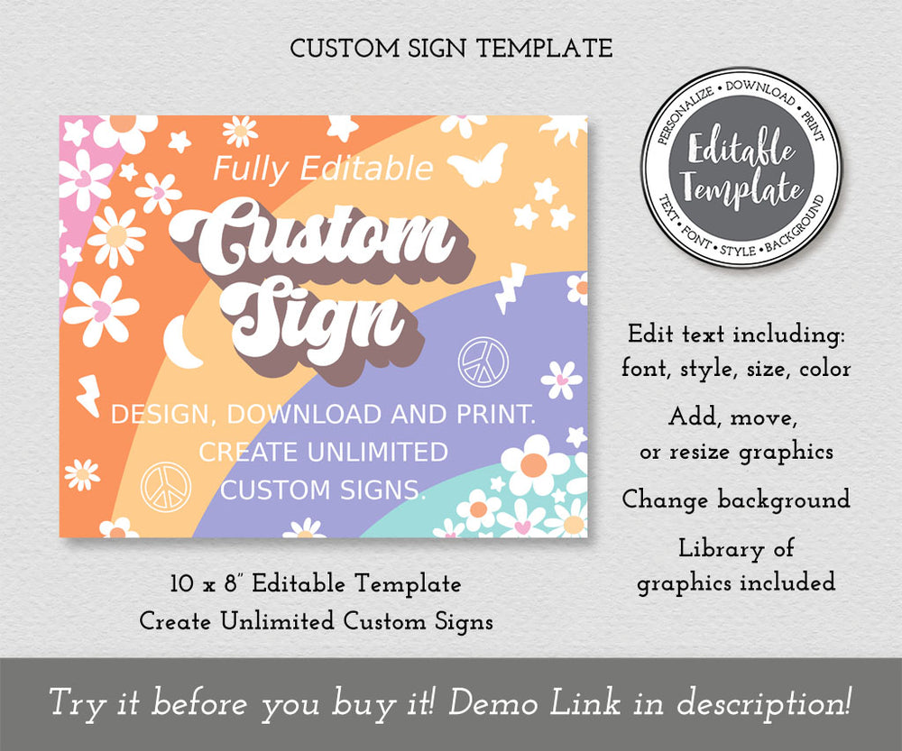 Groovy Stripes Birthday Party Custom Sign 10 x 8” Landscape, Editable ...
