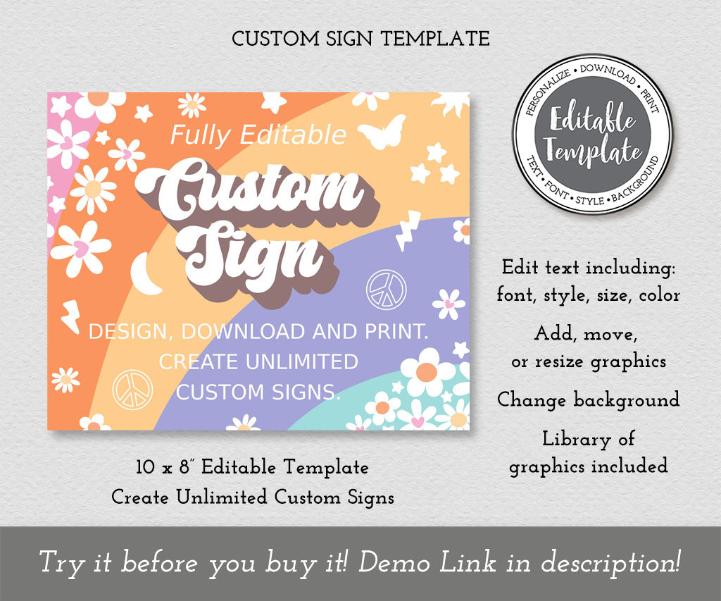 Groovy stripes birthday party 10 x 8" landscape custom sign editable template with colorful stripes, happy flowers, and retro icons with a hippie vibe.