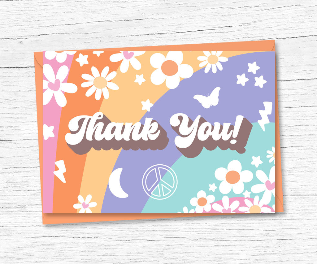 Groovy birthday party thank you card with colorful stripes, fun flowers and 70's icons with a hippie vibe.