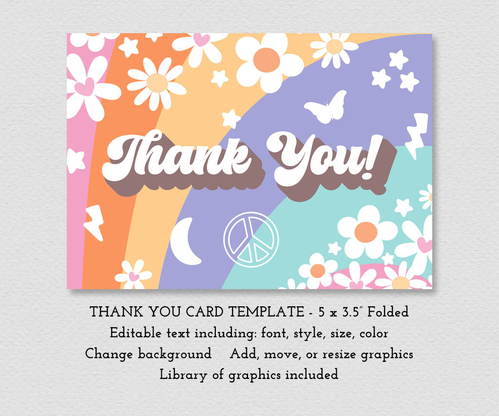 Groovy birthday party thank you card editable template with colorful stripes, fun flowers and 70's icons with a hippie vibe.