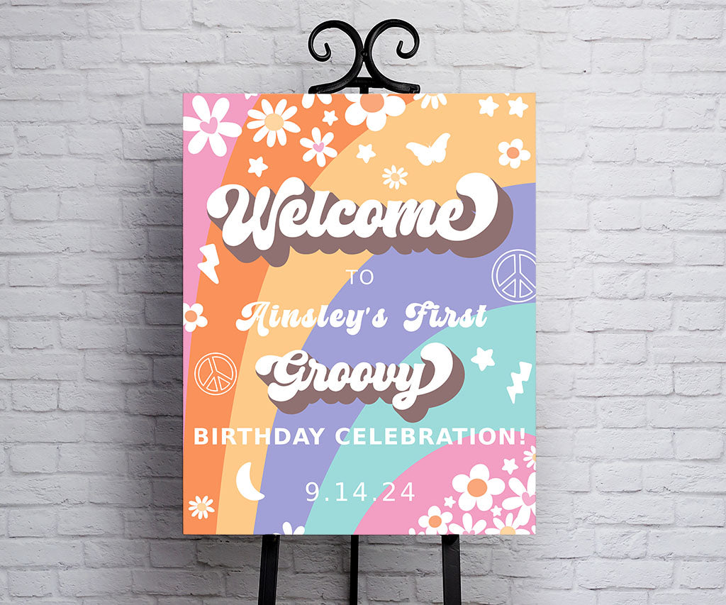 Groovy birthday party welcome sign with retro colorful stripes, happy flowers and fun icons.