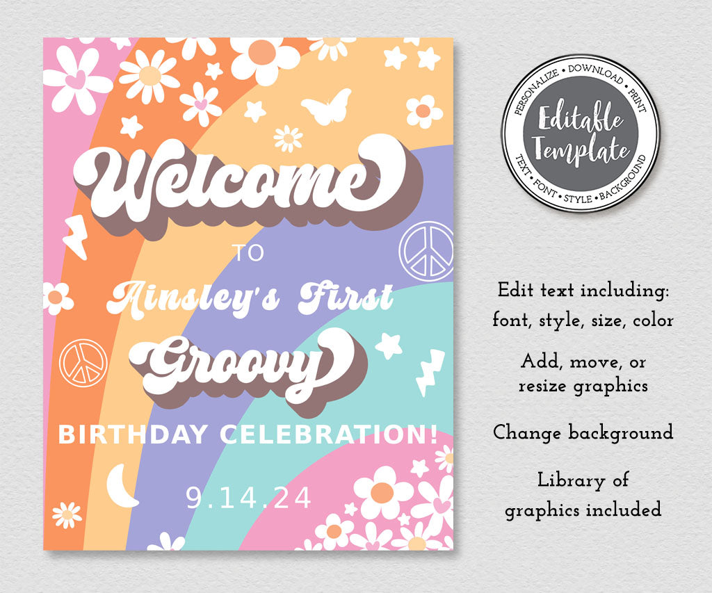 Groovy birthday party welcome sign editable template with retro colorful stripes, happy flowers and fun icons.