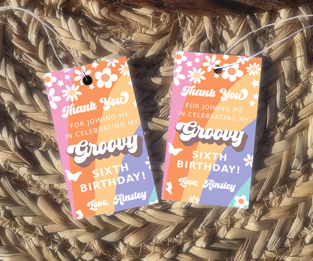 Groovy birthday rectangle favor tags with colorful stripes, happy flowers and  70s icons.