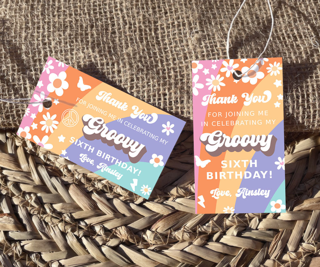 Groovy birthday rectangle favor tags with colorful stripes, happy flowers and retro icons.