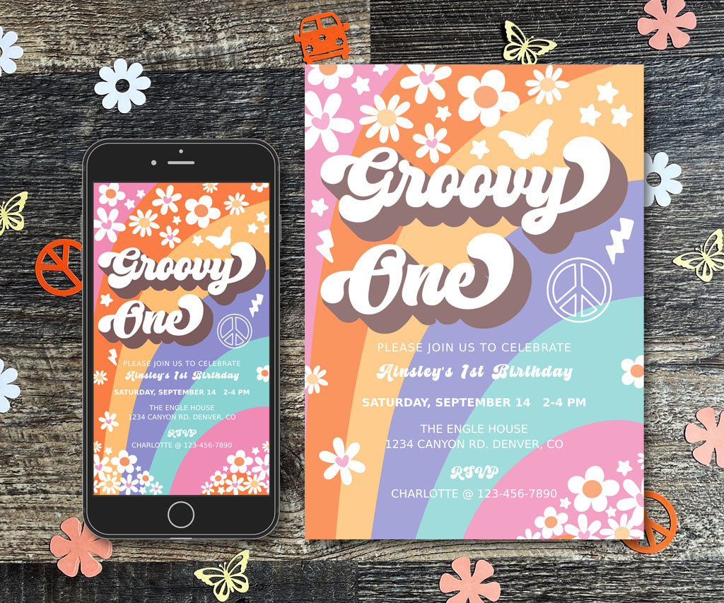 Retro stripes and flowers Groovy One first birthday invitation and evite.