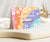 Groovy party food tent card with colorful stripes, happy flowers and retro icons.