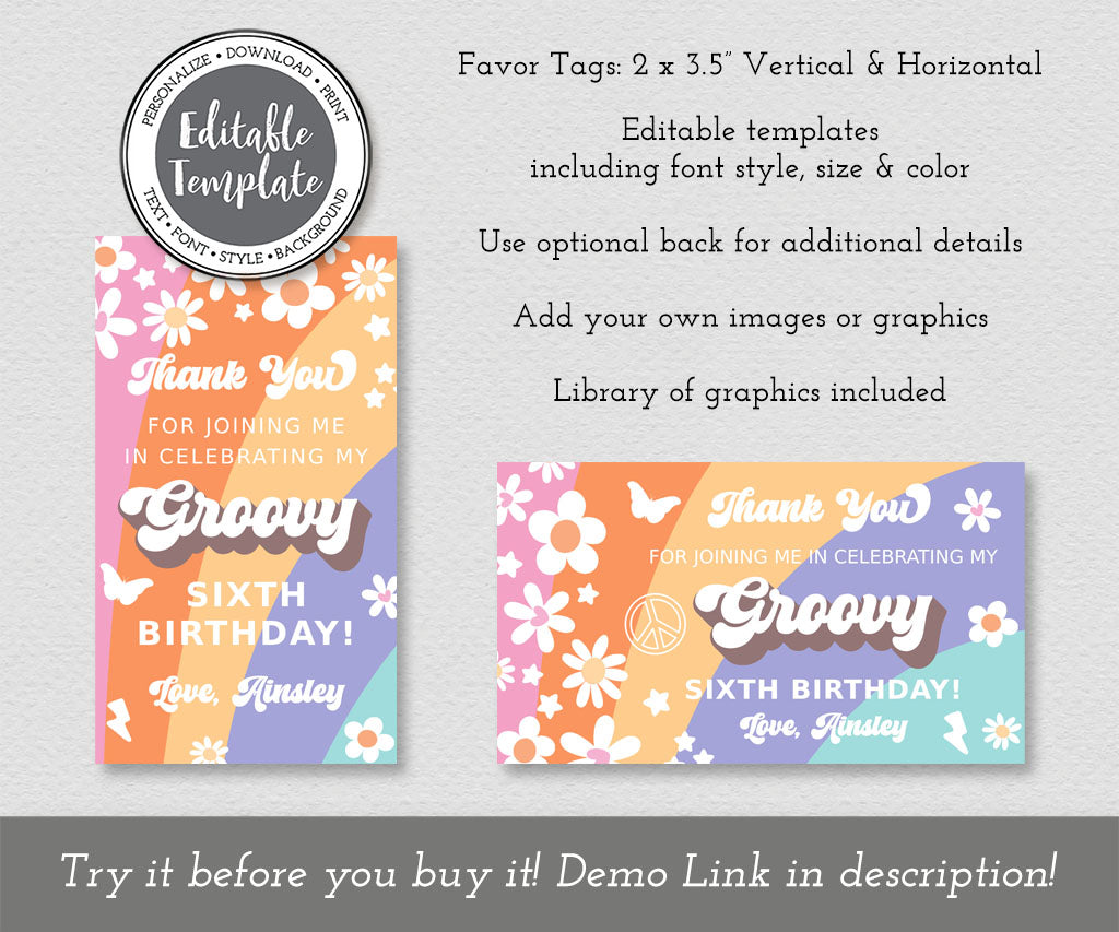 Groovy birthday rectangle favor tags editable templates with colorful stripes, happy flowers and retro icons.