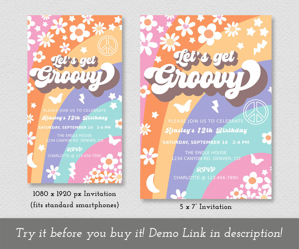 Retro lets get groovy 5 x 7 invitation and smartphone evite.