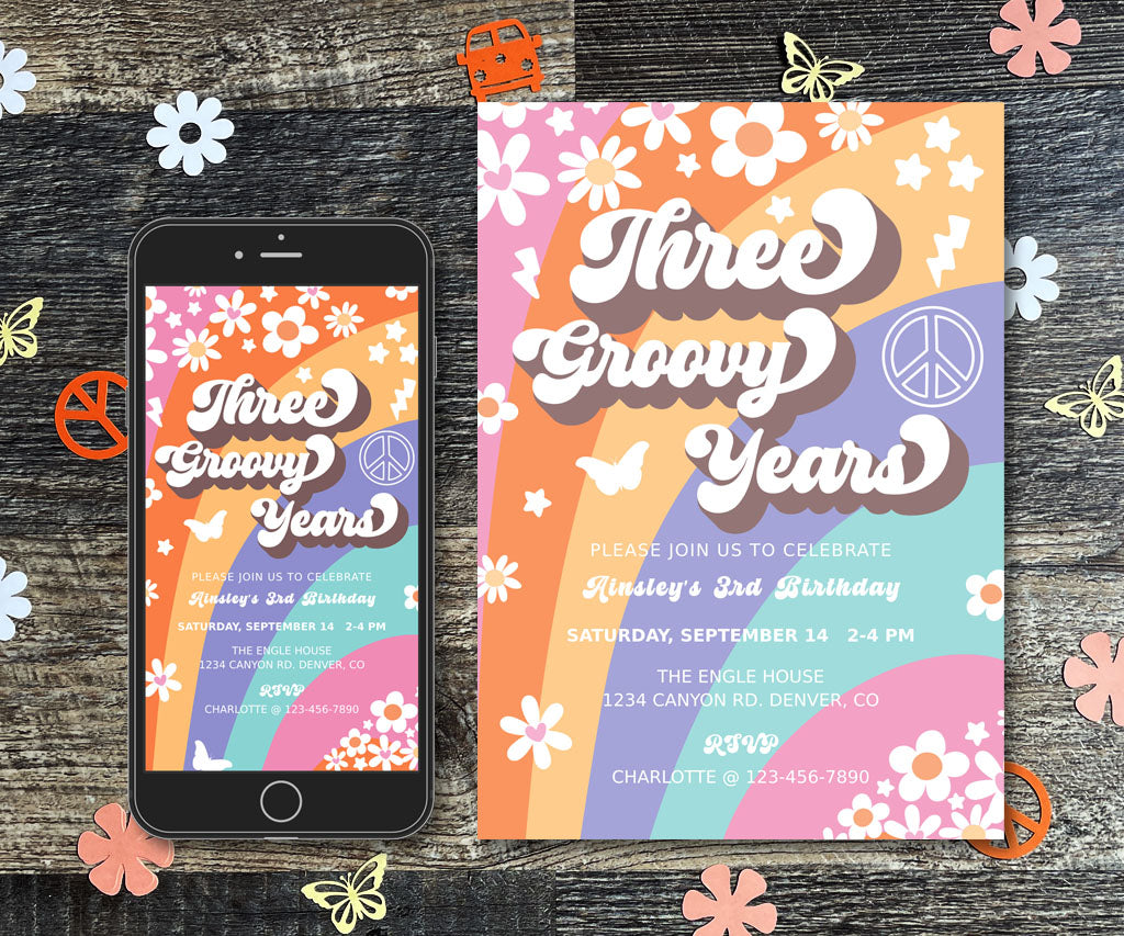 Three groovy years birthday invitation and evite with colorful stripes, fun flowers, and retro icons with a hippie vibe.