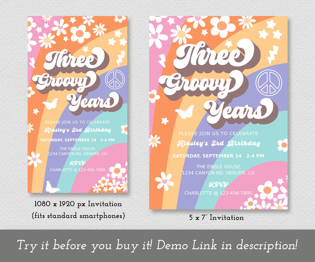 Three groovy years birthday invitation and evite with colorful stripes, happy flowers, retro icons and a hippie vibe.