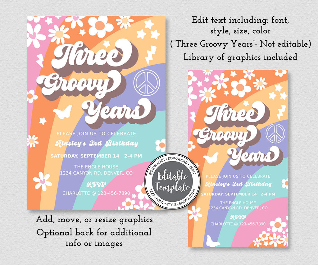Three groovy years birthday invitation and evite templates with colorful stripes, happy flowers, retro icons and a hippie vibe.