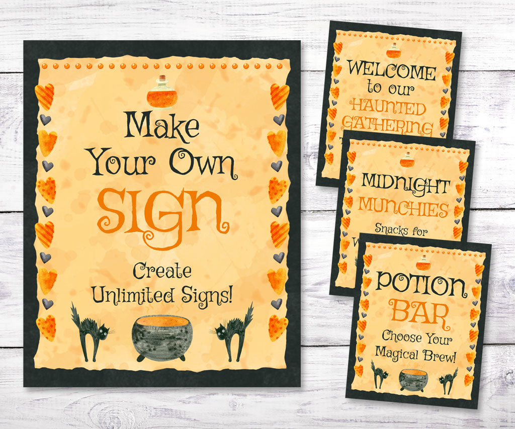 Halloween  sign templates with black cats, cauldron, potion bottle and hearts border, including: welcome, food, drink & custom signs.
