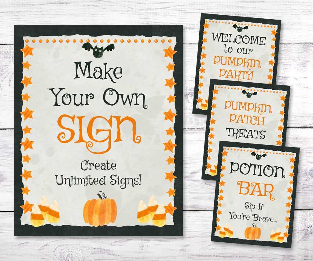 Halloween custom sign template including 3 pre-made signs: welcome, treats, drinks, with pumpkins and candy corn design.