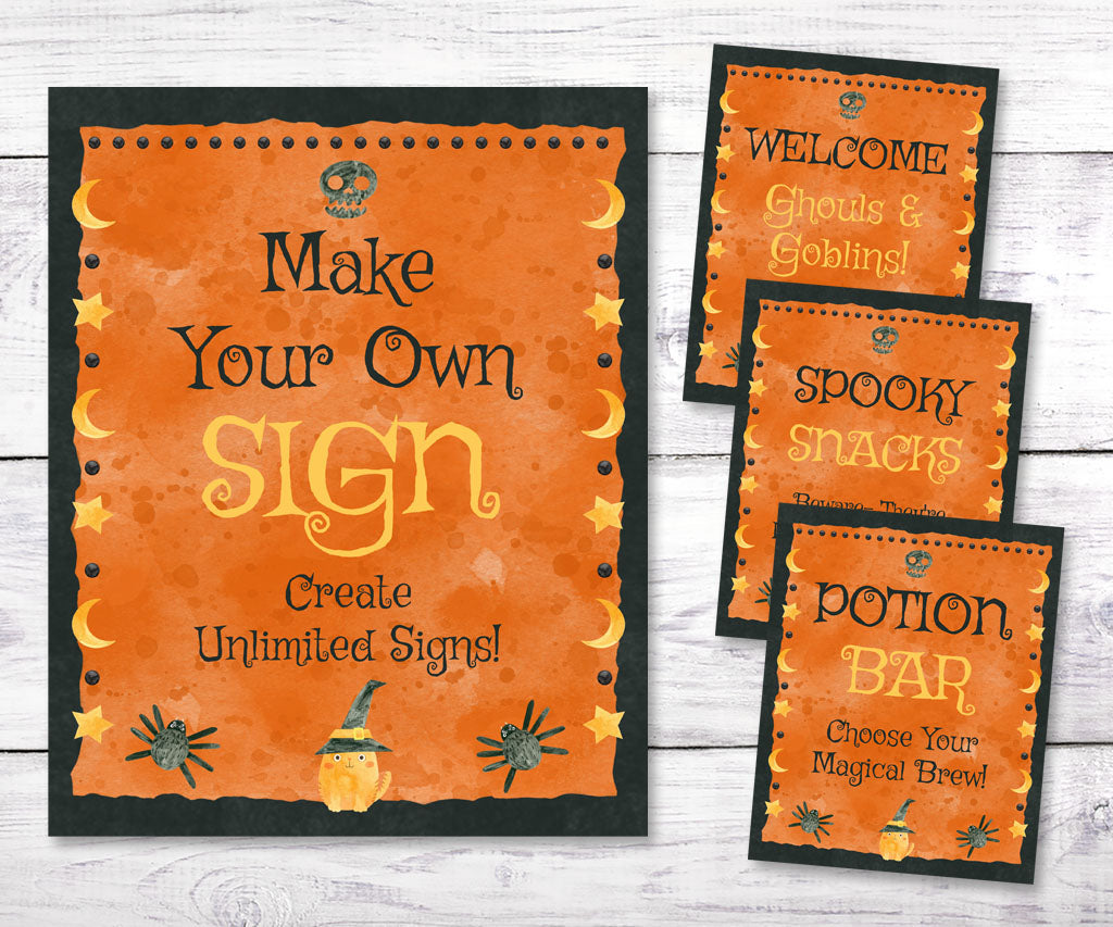 Halloween custom sign template including a welcome sign, spooky snack and potion bar with a whimsical cat, spiders and a moon & stars border.