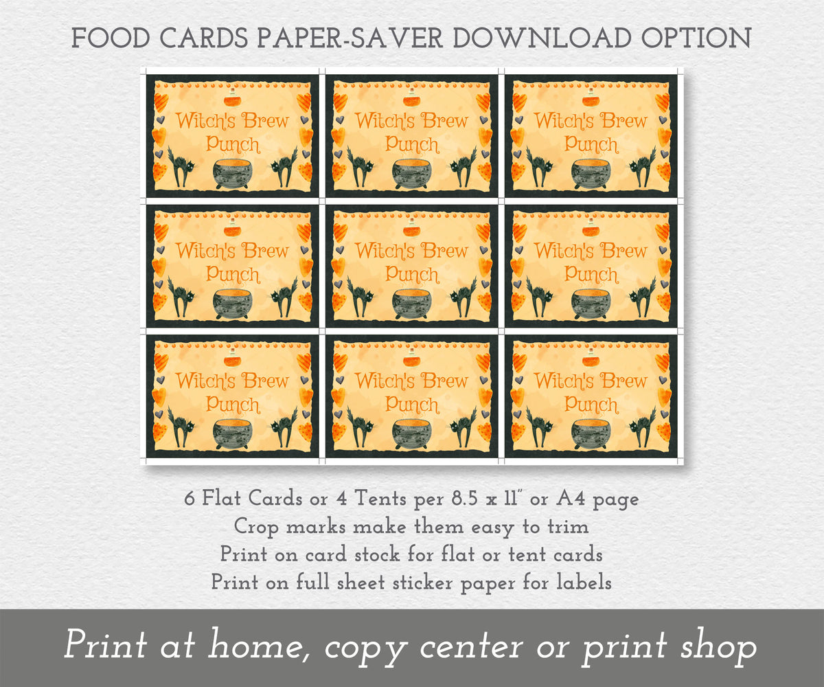 Full sheet of Halloween food cards with black cats and witch's cauldron.