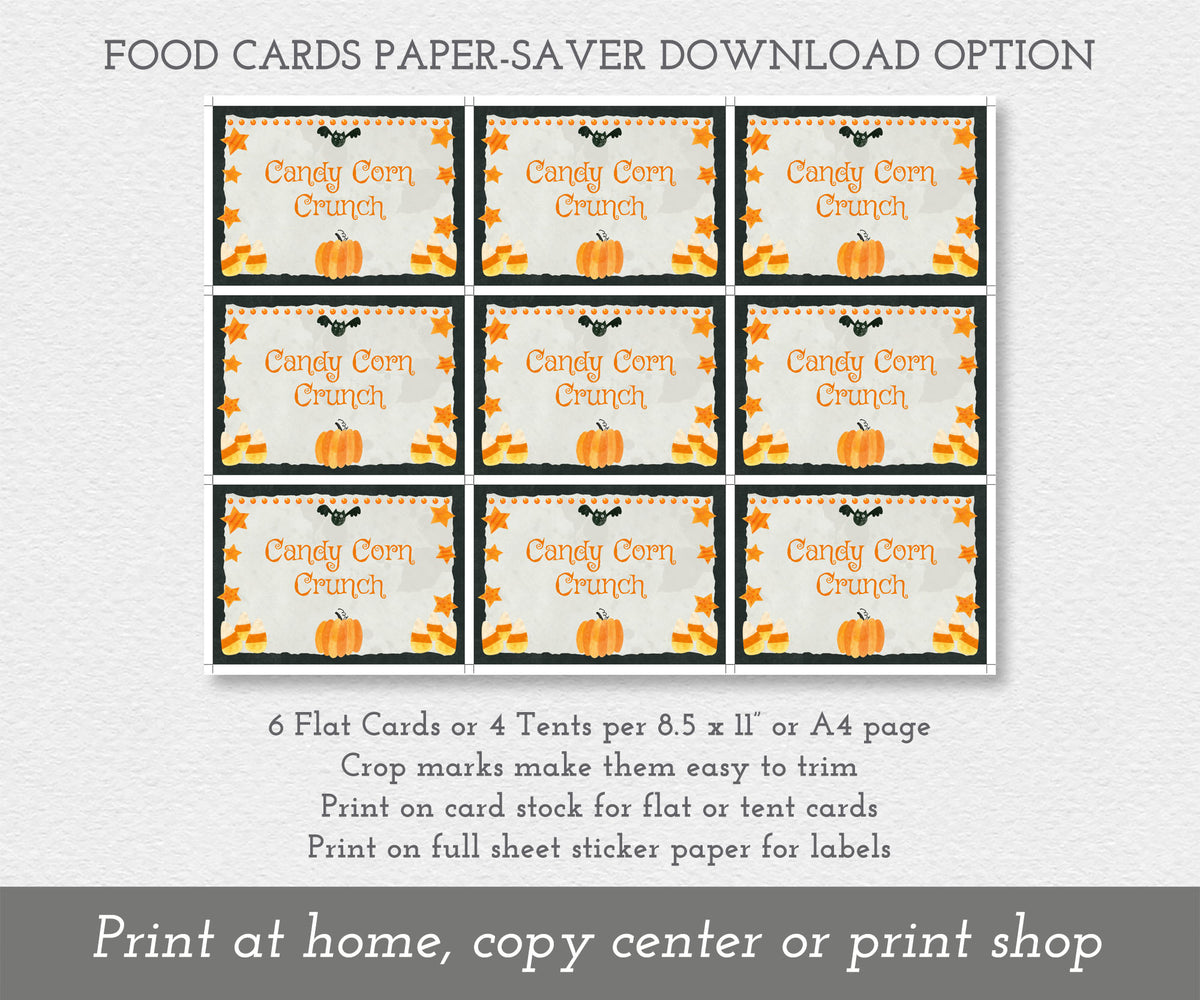 Halloween food cards with candy corn, stars and pumpkin on a paper saving full sheet.