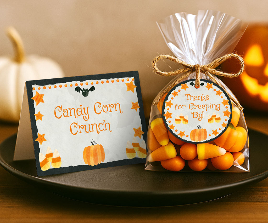 Halloween food card and round favor tag bundle with candy corn, pumpkin & stars.
