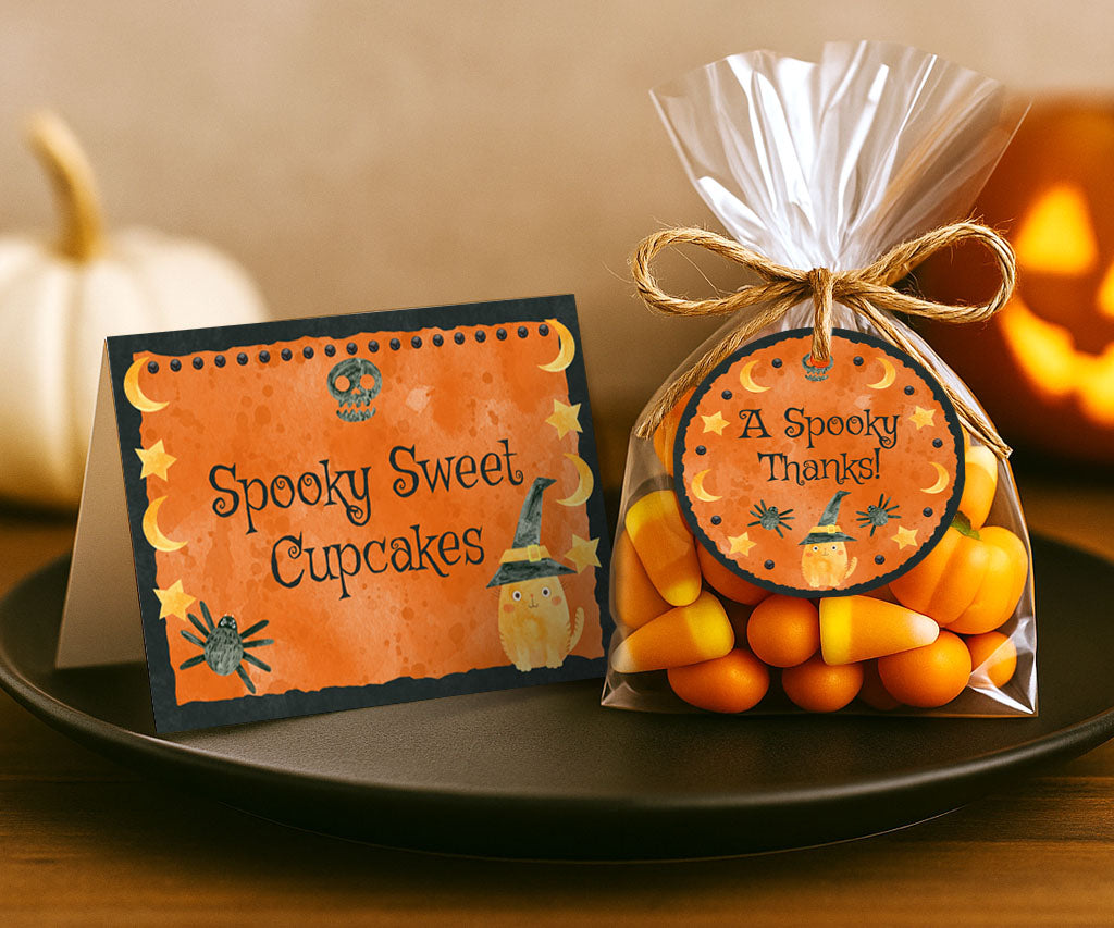 Halloween food card and round favor tag bundle with a witchy cat, moon & stars.