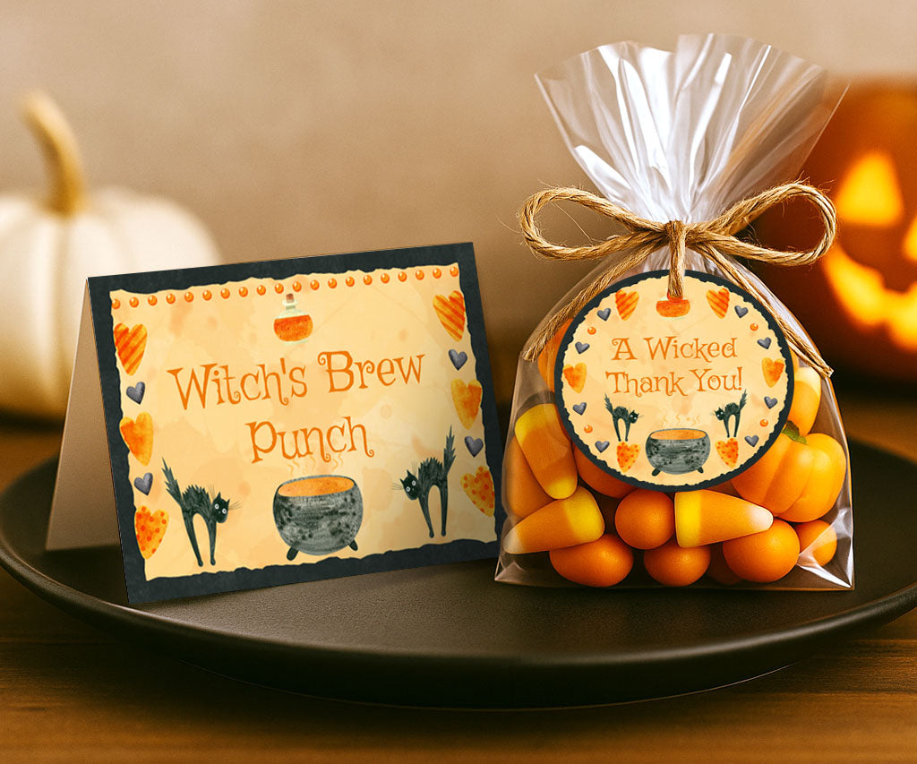 Halloween food card and round favor tag bundle with a cauldron and black cats.