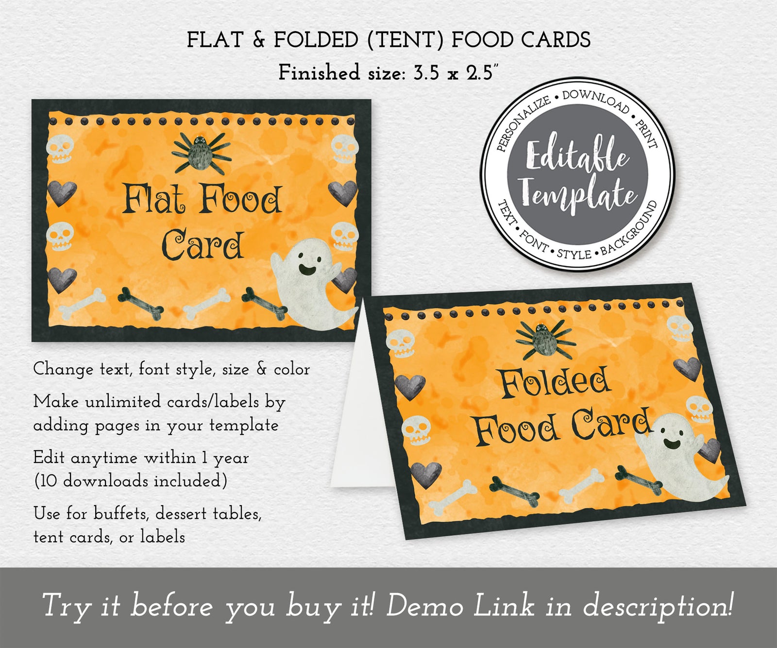 Halloween food card (flat & folded) templates with ghost, bones, skulls, and hearts.
