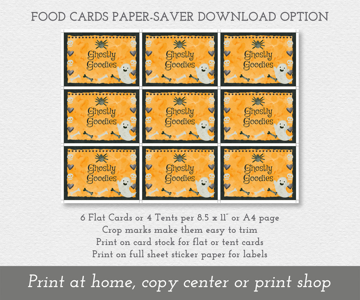 Paper saver full sheet of Halloween food cards with ghosts, bones, hearts and skulls.