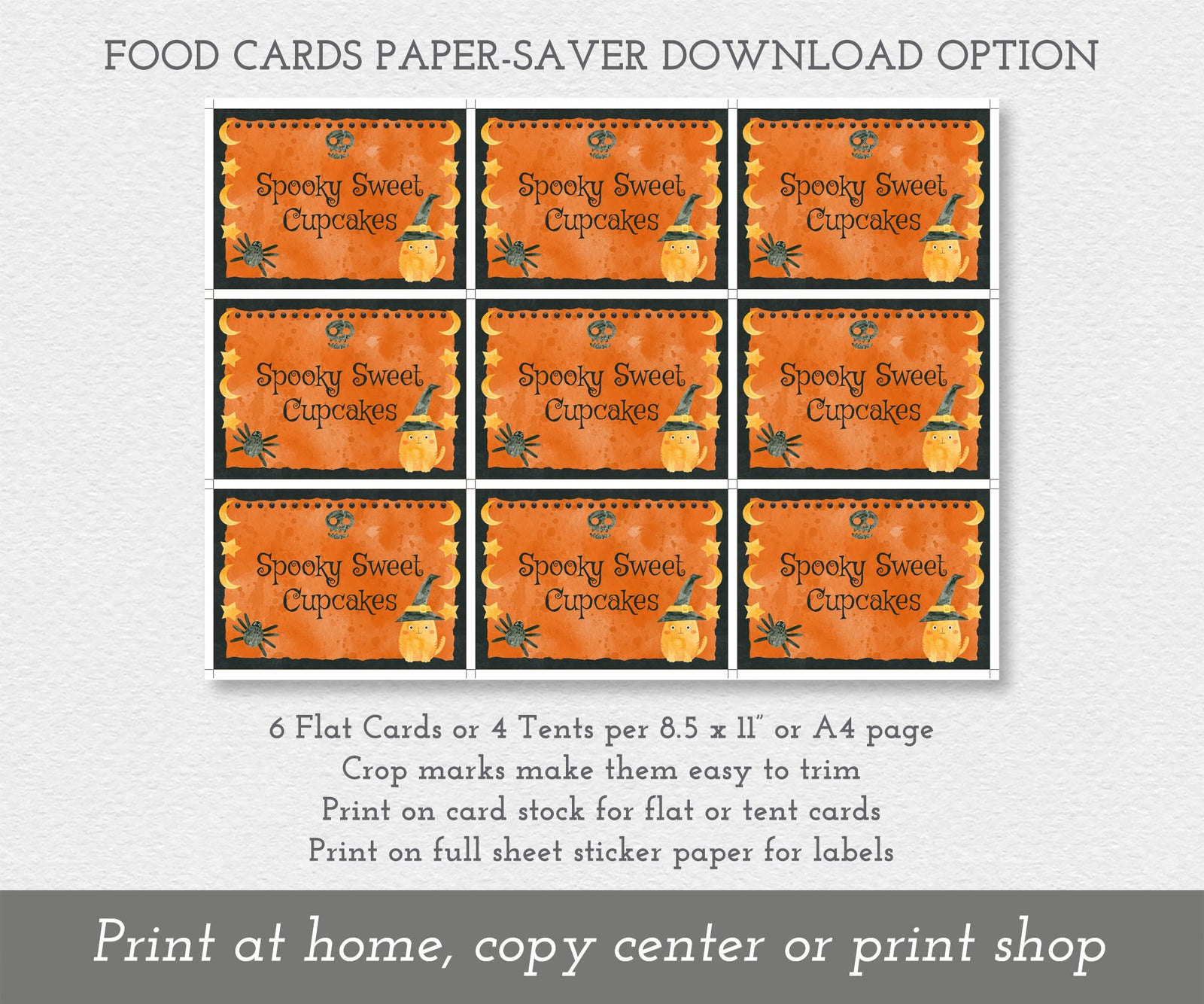 Halloween food card sheet, witchy cat with moon & stars.