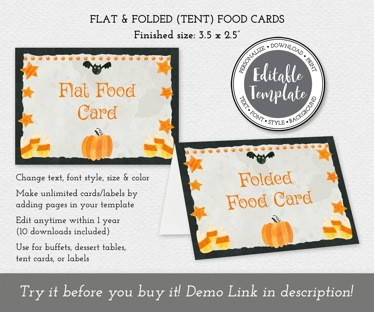 Halloween-themed flat and folded food cards with candy corn, stars and pumpkin, editable templates.