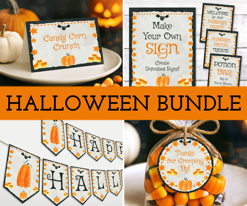 Halloween food cards, favor tags, banner & signs templates & printables with pumpkins, candy corn, stars and bats.