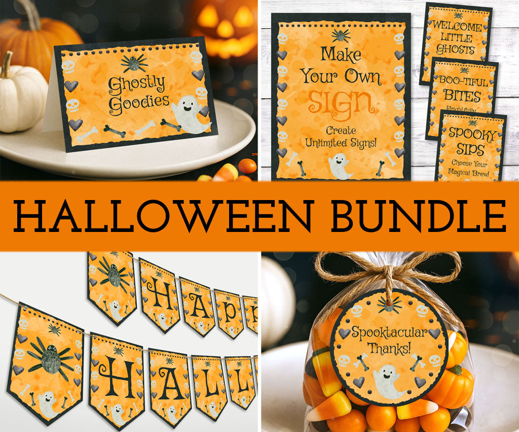 Halloween food cards, favor tags, banner and sign printables with cute ghost, bones and a heart & skull border.