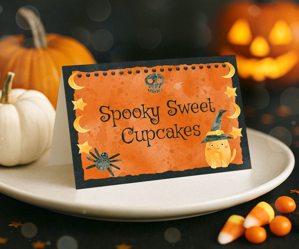 Halloween food tent card with witchy cat and moon & stars.