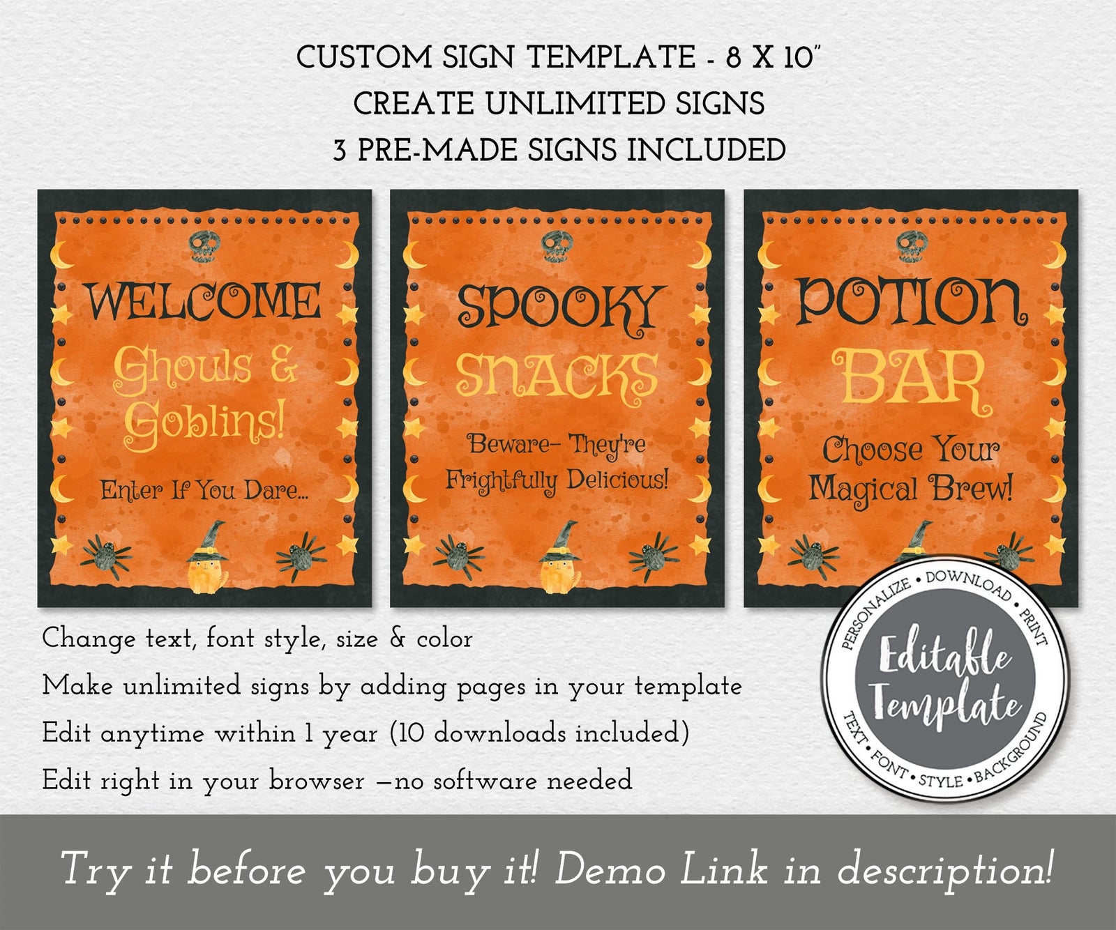 Halloween custom signs: a welcome sign, spooky snack and potion bar with a whimsical cat, spiders and a moon & stars border, all editable sign templates.