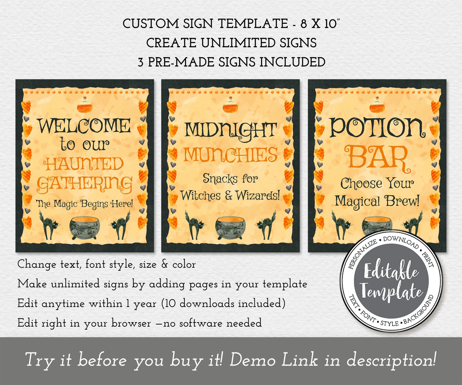 Halloween  sign editable templates with black cats, cauldron, potion bottle and hearts border, including: welcome, food, & drink.